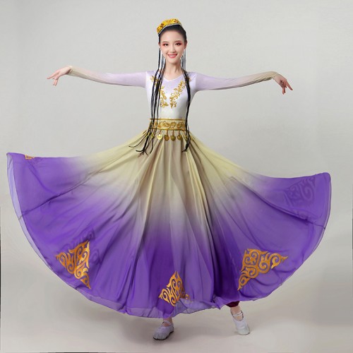 Purple Yellow Gradient Chinese Folk Xinjiang Dance Dresses Uyghur dance long skirt art exam performance ethnic minority dance costumes